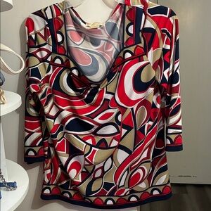 Michael Kors Abstract Geo-Print Draped Neck Blouse in Red, Navy & Tan